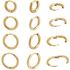 Beebeecraft 8Pairs 4 Styles Hoop Earrings for Women 18K Gold Plated 304 Stainless Steel 10/12/14/16mm Small Round Huggie Earrings Cartilage Hoop Earring Sleeper Earrings for Multiple Piercing