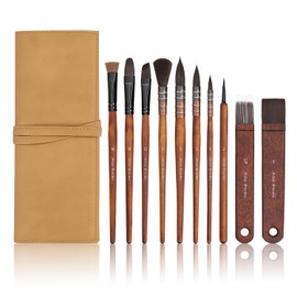 10 Pieces Paint Brush Set, Artist Series, Nylon Bristles with Round, Flat, Fan, Angle, Detail Brush, Suitable for Artists and Beginners for Acrylic Painting, Oil, Watercolor, Gouache(Brown)