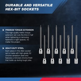 NEIKO 10077A 3/8” Drive Metric Extra Long Allen Hex Bit Socket Set | 10 Pieces | Sizes 3mm – 10mm | Shaft Length 6” | Premium S2 Steel Bits | Heavy Duty Cr-V Sockets | Exceeds ANSI Standards