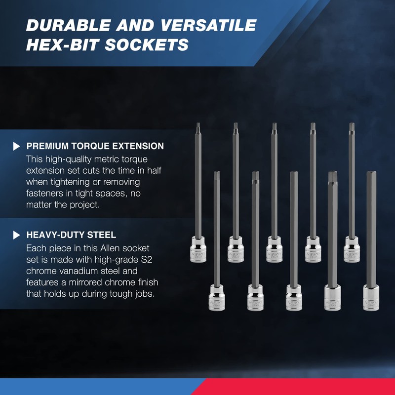NEIKO 10077A 3/8” Drive Metric Extra Long Allen Hex Bit