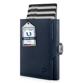 PURISTO KLIK Slim Wallet with Coin Compartment Men's - Leather Money Clip Mini Wallet Men's Small with Coin Compartment, RFID Blocker - Leather Card Case, darkblue, M coin compartment - 14 cards