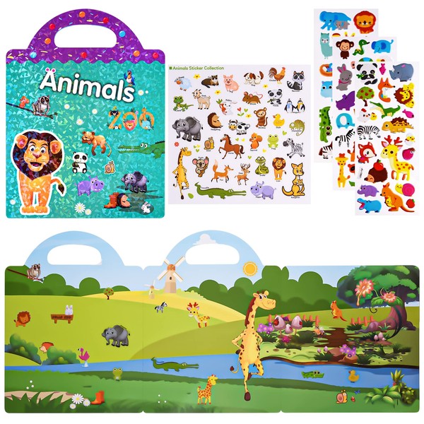 ASTARON 3D Sticker Scenes Book for Kids,88 Pcs Reusable Animals Jelly Stickers for Toddlers, Puffy Sticker Game Educational Sensory Learning Toy, Party Supplies Birthday Gift,4 Fold-Out Choices