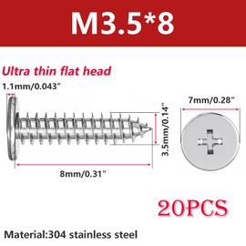 Ctyjia M3.5 x 8mm Phillips Flat Head Self-Tapping Screws, Thin Flat Head, 304 Stainless Steel, Cross Groove Full Thread Woodworking Fastener, Silver, Pack of 20