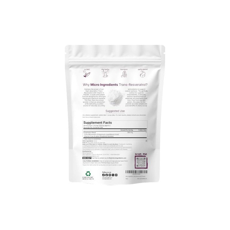 Pure Trans-Resveratrol Powder with Natural Vitamin E, 5 Ounce, 2