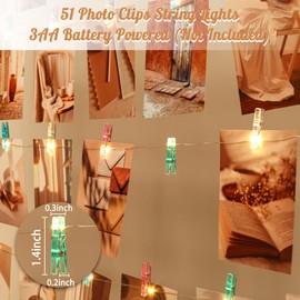 LUSHARBOR Photo Clips String Light,Fairy Lights with 51 Clear Clips, Battery Operated String Lights with Clips for Pictures, Room Decorations for Dorm Wall Bedroom (Multi-Color)