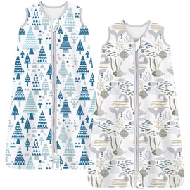 Chilsuessy Summer Sleeping Bag, 2 Pieces, Baby Sleeping Bag, Summer Sleeping Bag, 0.5 Togs, 100% Cotton Baby Sleeping Bag, Sleeveless for Newborns, Ocean + Forest, 78 cm / 6-12 Months