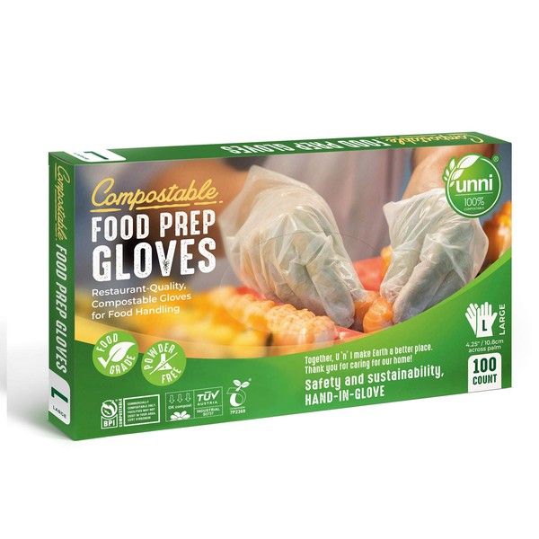 UNNI 100% Compostable Food Prep Gloves, Restaurant-Quality, For Food Handling, Powder-Free, 100 Count, Large, Earth Friendly Highest ASTM D6400, US BPI and Europe OK Compost Certified, San Francisco