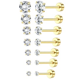 18K Gold Plated 5A Cubic Zirconia Threadless Flat Back Earrings Surgical Stainless Steel Simulated Diamond Earrings for Women Men Earrings Studs Dainty Push Pin Cartilage Earring Hypoallergenic 2-8mm