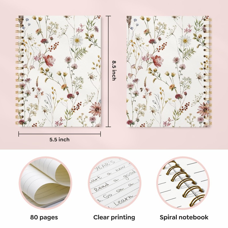 VONTP Floral Journal Notebooks, Wildflower Pretty College Ruled Notebooks for