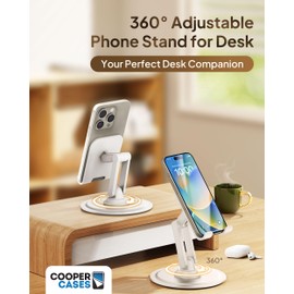 COOPER 360° Stand, Rotating Cell Phone Stand for Desk | Sturdy Metal Base, Foldable, Portable | Cell Phone Holder for Desk (Cream White)