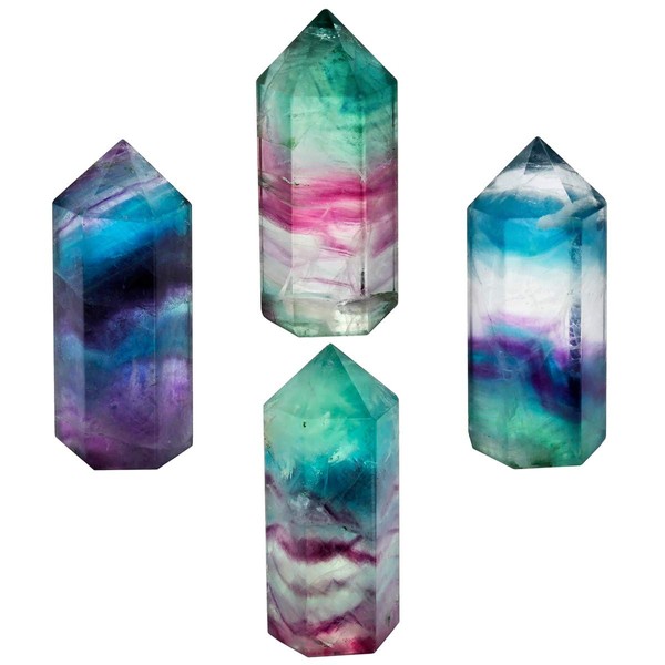SUNYIK Gemstone Healing Crystal Points Wand, Single Point Self Standing Prism for Reiki Chakra Meditation, Fluorite 2 inches, Pack of 4