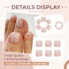 Sparkly Aurora Press on Toenails Short Square Fake Toenails with Glitter Sequins Designs Full Cover Acrylic Toe Nails Press on Summer Beach False Toenails Cute Artificial Toenails for Women 24Pcs