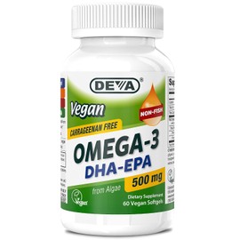Deva Vegano Omega-3 DHA EPA Suplemento – Una vez por día Softgel 500 mg – Libre de carragenano – Sin gelatina – Sin pescado – Aceite de algas omega-3 ácidos grasos – 60 cápsulas blandas