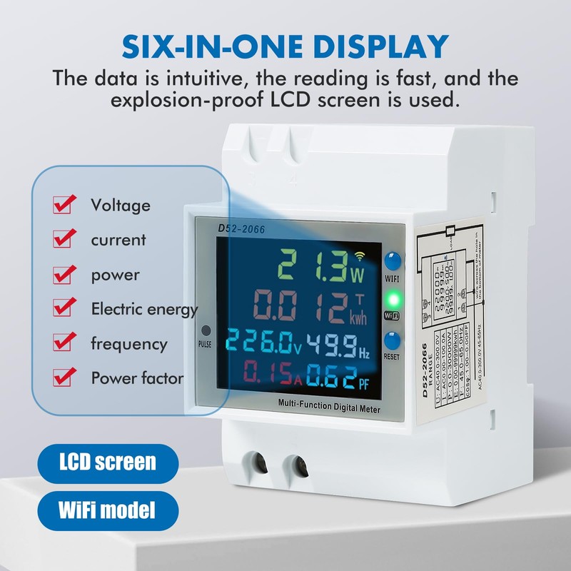DewinLVD Electricity Meter, DIN Rail, 6 in 1, Digital Energy