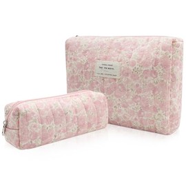 2PC Makeup Bag Set, Cute Cosmetic Bag for Women Girls, Floral Coquette Aesthetic Toiletry Bag, Travel Make Up Organizer Bag (Pink Rose)