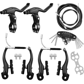 Bike Brakes Set, Complete  kit for  Bicycles Mountain Bike, Front and Rear Bike MTB Hybrid , Callipers Cables Lever Kit, Multi-Tool Wrenches - Black - Color: Silver