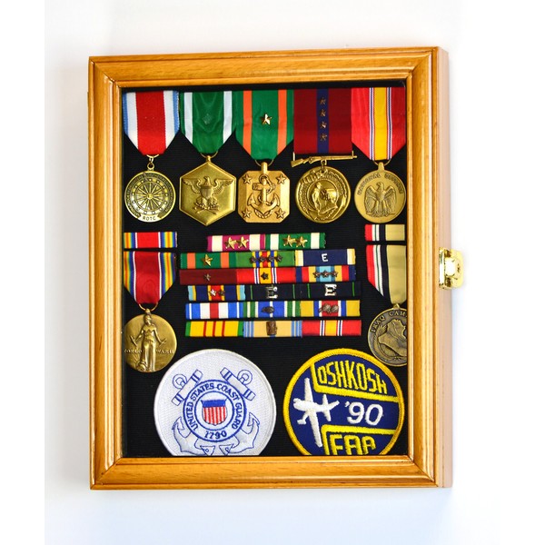 XS Military Pin Display Case Cabinet Box for Medals Pins Patches Insignia Ribbons w/98% UV Lockable -Oak