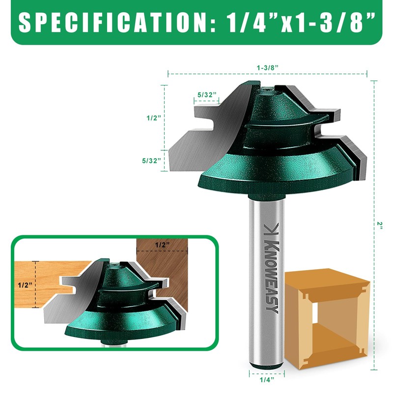 Knoweasy 45 Degree Lock Miter Router Bit Set with 1/4