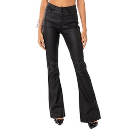 Kodaruber Women Faux Leather Flare Pants PU High Waisted Skinny Bell Bottoms Leggings Trendy Bootcut Pants with Slant Pocket(Black,Large)