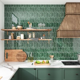 VEELIKE Long Fish Scale Peel and Stick Tile Backsplash Tile for Kitchen 6-Sheets Waterproof Green Peel and Stick Wall Tiles Removable Back Splash Stick on Tiles for Bathroom Laundry Room 12''x12''