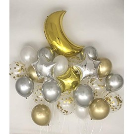 Sweet Moon 24 Piece Moon and Star Balloons Bouquet - Baby Shower, Birthday, Gender Reveal, Eid, and Ramadan Party Decoration (Metallic Gray)
