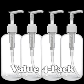 Plastic Bottles with Pump Dispenser, 18 OZ (540ml) Empty, Refillable PET Containers for Body Wash, Moisturizer, Face Cream, Liquid Soap - Clear/White - 4 Pack