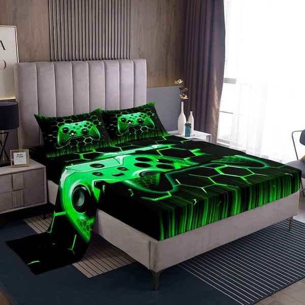 Manfei Modern Gamer Sheet Set Full Size, Green Honeycomb Gamepad