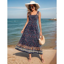 Zeagoo Zeagoo Womens Boho Summer Dresses Casual Flowy Dress Spaghetti Strap Maxi Dress Floral Beach Dress Bow Strap Dress Pattern-1 M