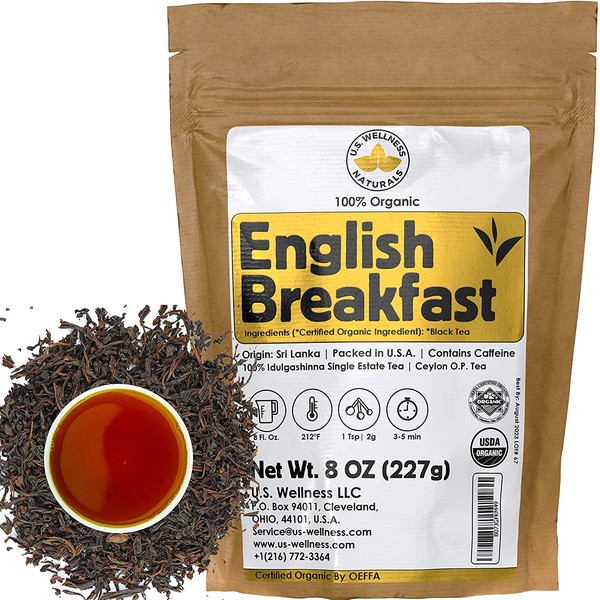 English Breakfast Tea, CRISP, RICH & AROMATIC well-rounded loose leaf tea, 110+ cups, 8oz Organic Ceylon SINGLE ESTATE tea, 100% Idulgashinna estate, OP grade tea, U.S.A. Processed & Quality Control