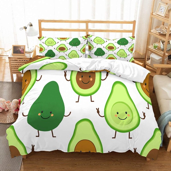 MOUMOUHOME Girls Bedding Sets Avocado Microfiber White Bedspread Cover 3D Print Green Avocados Cute Comforter Cover Set Full for Kids Tropical Fruit 3 Pieces with Zipper No Comforter