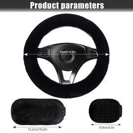 Womens Winter Fashion Wool Fur Steering Wheel Covers 3Pcs Set, Soft Fluffy Handbrake Cover Fluff Gear Shift Cover Plush Fuzz Warm Non-Slip Car Decoration Short Hair (Black, 15 icnh)