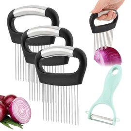 Onion Holder for Slicing, Large Onion Cutter Lemon Slicer with Peeler, Stainless Steel Vegetable Cutter Kitchen Chopper Slicing Assistant Tools for Meat, Potato, Eggs, Tomato(COLOR:silver)
