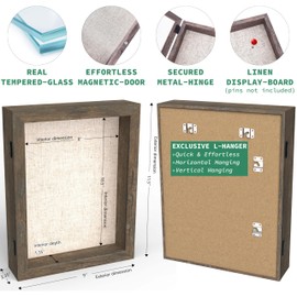 FrameWorks 8.5x11 Deep Shadow Box Frame, Wooden Display Case w. Linen Board & Tempered Glass Door - Brown Woodgrain - Medium - Wall Mounted