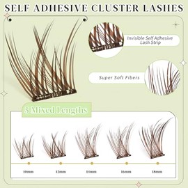 Kit de racimos de pestañas autoadhesivas, kit de extensiones de pestañas postizas naturales de color marrón, reutilizables, pestañas individuales a pr