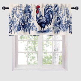 Rooster Curtain Valances Country Farm Farmhouse Blue Flowers Window Curtain Valances for Kitchen Bedroom Bathroom Living Room 54 X 18 Inch, 1 Panel