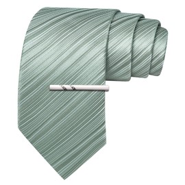 Barry.Wang Sage Green Silk Men Ties Formal Stripes Necktie Solid Color Tie Clip Wedding Party Business Fashion Classic