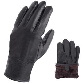 Genuine Leather Gloves for Men Women Black Winter Warm Gloves with Fleece Inside for Cold Weather Outdoor Driving Cycling (Black, L)