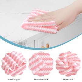 Homaxy 12 Pack Kitchen Dish Cloths, Ultra Soft and Absorbent Dish Towels, Reusable Fast Drying Microfiber Cleaning Cloth, Coral Velvet Wave Design Non-Linting, 10 x 10 inches, Pink