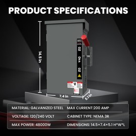 POOAMY 200A Manual Generator Transfer Switch,120/240 Volt, 48000W Heavy Duty Transfer Switches for Home Generator, Double-Throw Safety Switch for Outdoor and Indoor, Grey