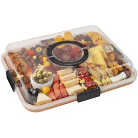 Renmxj Charcuterie Board with Clear Lid, Travel Portable Cheese Board Charcuterie Boxes Cutting Boards for Kitchen, House Warming Gifts New Home, Gifts for Women (6 Compartments Black)