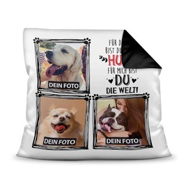 PR Print Royal Cushion with Filling with Saying "Hunde sind für Mich die Welt - zum selbst Gestalten mit DREI Wunschfotos für den Hundefreund" (Dogs sind für Mich die Welt [German Language] [German