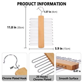 BLAUMORNIN Wooden Tie Hanger for Men Premium Solid Wood Belt Necktie Hangers Scarf Storage Rack with 20 Non-Slip Hooks,360 Degree Swivel Hook,Natural Color,1 Pack