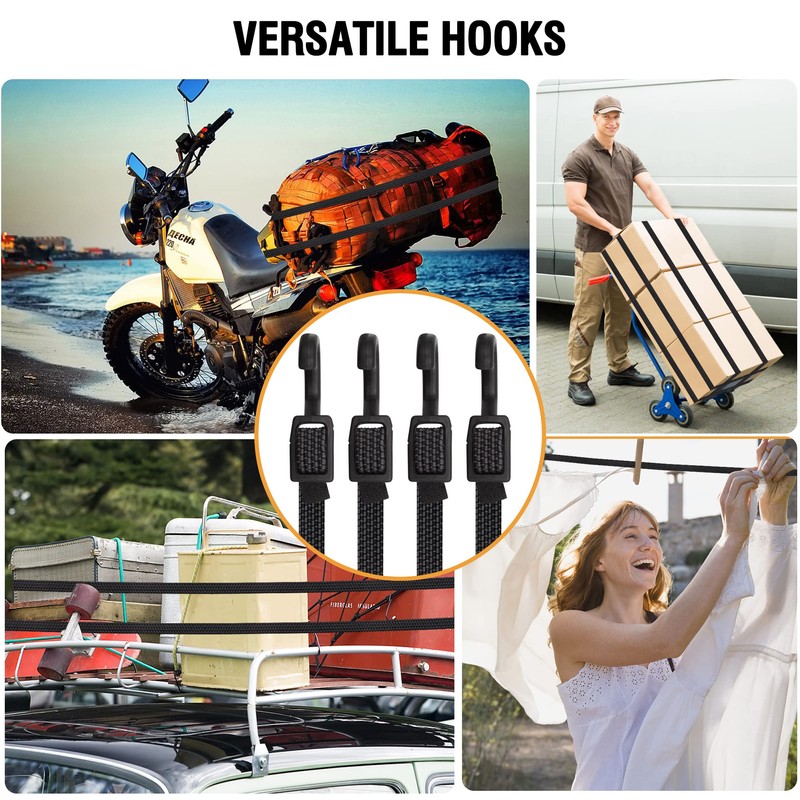 Bungee Cords, Flat Adjustable Bungee Cords with Hooks Heavy Duty