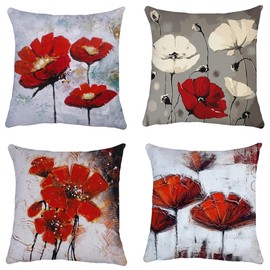 QUALKNOY Set of 4 Cushion Covers 18"x18" Red Flower Linen Modern Art Decorative Throw Pillow cases 45 x 45cm for Living Room Sofa Outdoor Pillowcases
