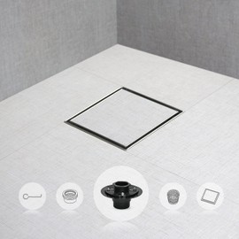 SaniteModar Square Shower Drain 6 inch with Shower Drain Base, Tiled Stealth and 304 Stainless Steel Brushed Chrome 2 in 1 Panels,Includes Hair Strainer and Threaded Adapter