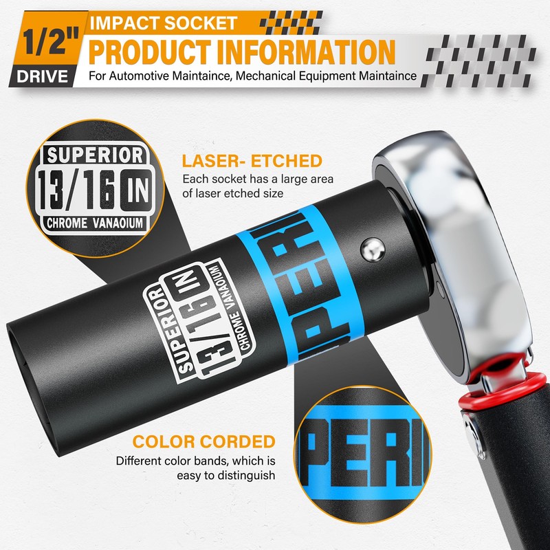 Aiourx 1/2" Drive Impact Socket, 13/16 inch Deep Socket, SAE,