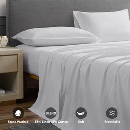 DAPU Linen Sheets Set Solid Color, Soft Breathable Sheets Set 4 PCs, Hypoallergenic French Linen Cotton Blend Bedding for Hot Sleepers(1 Flat Sheet, 1 Fitted Sheet and 2 Pillowcases) (White, Full)