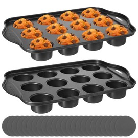 JJUNW 2 Pack 12 Cavity Mini Cheesecake Pan, 13" x 8" Mini Muffin Baking Pan with Removable Bottom Cupcake Molds Nonslip Anti Heat Nonstick Carbon Steel Muffin Mold Baking Molds Round