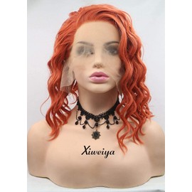 Xiweiya Short Bob Curly Wigs Synthetic Curly Wig Lace Front Orange Wig Heat Resistant Fiber Side Part Curly Wigs For Women Cosplay Wig Party Daily Wig 14"