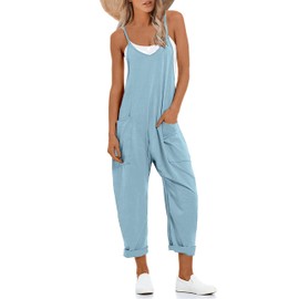 Lentta Women's Causal Jumpsuits V Neck Sleeveless Harem Overalls Stretchy Adjustable Strap Romper with Pockets(LightBlue-S)